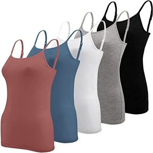 BQTQ 5 stuks basic hemdje verstelbare riem vest top voor vrouwen en meisjes, Zwart, Wit, Grijs, Azuurblauw, Indisch Rood, M