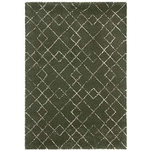 Archer Vloerkleed, hoogpolig, woonkamertapijt, zacht, pluizig, langpolig, shaggy flokati, geometrisch patroon voor woonkamer, keuken, hal of slaapkamer, olijfgroen-crème, 120 x 170 cm