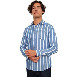Trendyol Heren Blauw Heren Slim Fit Hemdkraag Enkele Zak Gestreept Shirt Shirt, Blauw, Large