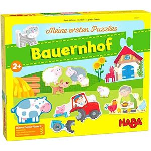 HABA 305471 - Mijn eerste puzzels - boerderij, puzzelcollectie voor kinderen vanaf 2 jaar met 5 boerderijmotieven en een kat van hout om vrij te spelen