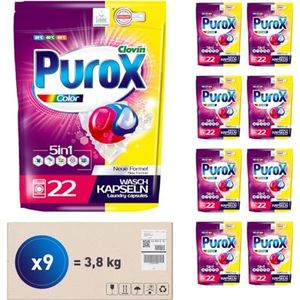 PUROX Color Waspods (22 stuks x 9) Wasmiddelcapsules voor gekleurd textiel, verwijdert vlekken, beschermt kleuren, volledig uitspoelbaar, milieuvriendelijk, doypack multipack 9 stuks