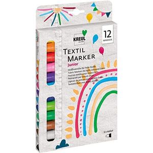 KREUL 90720 - Textielmarker medium Junior, 12 textielverfstiften voor lichtgekleurd textiel, met grote ongevoelige vezelpunt, lijndikte ca. 2-4 mm, wasbestendig na fixatie