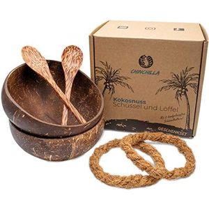 Chinchilla® Set van 2 kokosnootschalen + houten lepel + houder | kom voor Boeddhabowl, Acai Bowls & Poke Bowl | Natuurlijke kommen van kokosnoot | Coconut Bowls | Zero Waste