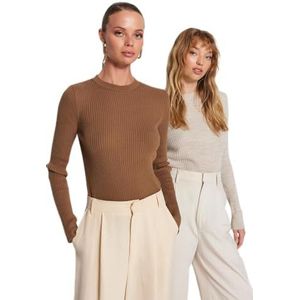 Trendyol Dames GESTREFT 2-pack lange mouwen slanke sweater, Bruin-steen, L