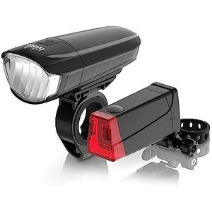 DANSI Fietsverlichtingsset StVZO, led-fietsverlichting, helder voor en achter, fietsverlichting omschakelbaar, 15-100 lux, achterlicht en voorlicht, regenbestendig, fietslamp, fietslamp