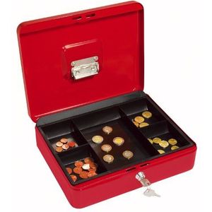 Wedo 145402H geldcassette (van gepoedercoat staal, inschuifbaar handvat, geldbiljetten- en bonnetjes, 5-vaks munteninzet, veiligheidscilinderslot, 30 x 24 x 9 cm) rood