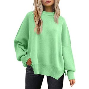 LILLUSORY Oversized damestruien met vleermuismouwen, herfst-outfits, trendy ronde hals, gebreid, met zijsplit, modieuze pullover-tops, Lichtgroen, L