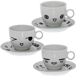 DRW set met 6 theekopjes van porselein en met zijkanten in wit en zwart, 9 x 7,5 cm, bord 14 cm