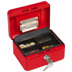 Wedo 145102H geldcassette (van gepoedercoat staal, inschuifbaar handvat, geldbiljetten- en bonnetjes, 4-vaks muntinzetstuk, veiligheidssillot, 15,2 x 11,5 x 8,0 cm) rood