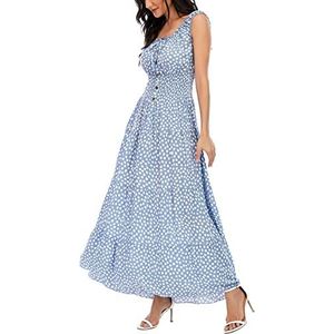 Mouwloze zomerjurk voor dames, flowy print, boho, maxi-jurk, lange jurk voor bruiloftsgasten, Blauw, L
