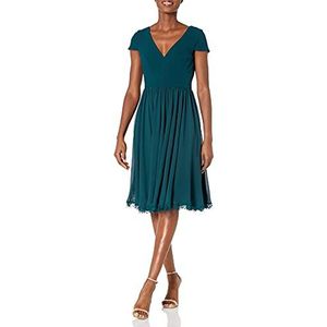 Dress the Population Womens Corey Cap Sleeve Plunge Neck Fit and Flare Knee Length Dress, Pine, Medium US