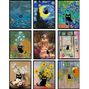 9 stuks grappige zwarte kat muurkunst poster prints vintage zonnebloem canvas kunstwerk foto's cadeau schattige kamer decor eclectische esthetische bloemen Monet van Gogh voor woonkamer badkamer