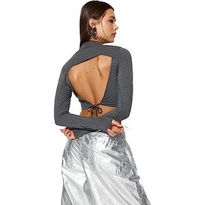 Trendyol Damesblouse met rechte lange mouwen, slank, antraciet, M