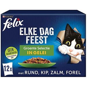 Felix Elke Dag Feest Groente Selectie kattenvoer, natvoer met Rund en Wortel, met Kip en Tomaat, met Zalm en Courgette, met Forel en Sperziebonen 12x85g - doos van 4 (48 portiezakjes, 4,08kg)