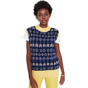 TRENDYOL Dames ronde hals etnische patroon regular gebreid vest sweater, marineblauw, M, donkerblauw, M