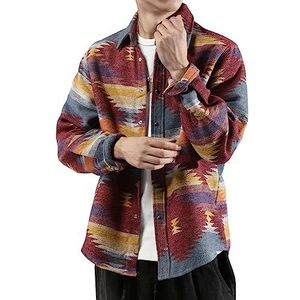 FindThy Flanellen overhemd voor heren, geborsteld, etnische Azteekse print, knoopsluiting, revers, tribalshirt, jas, shacket, Rood/uitstapje, effen (Getaway Solids), M