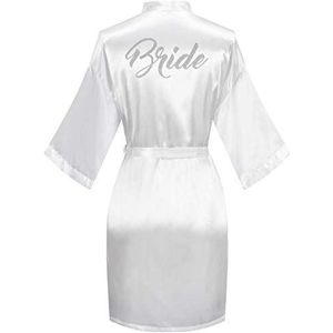 Satijnen kimonogewaden voor dames met strass steentjes voor bruid, bruidsmeisje, kort, klaar voor bruiloft, ochtendjas, Kleur: wit., Small-Medium