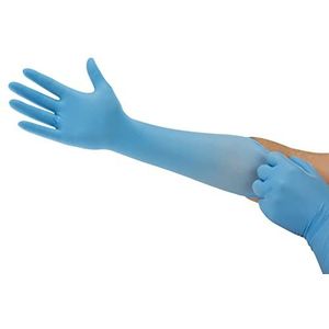 Ansell Microflex 93-243 Nitrilhandschoenen voor eenmalig gebruik, met verlengde manchet voor voedselverwerkende of biowetenschappen, blauw, maat XS (100 handschoenen)