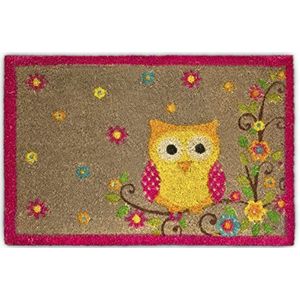 Relaxdays deurmat kokos - met print uil - 40 x 60 cm - antislip - met pvc onderkant - bruin