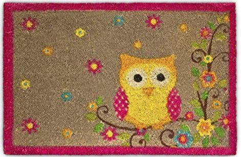 Relaxdays deurmat kokos - met print uil - 40 x 60 cm - antislip - met pvc onderkant - bruin