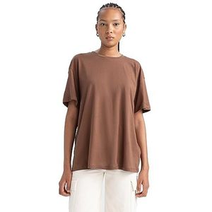 DeFacto Dames T-shirt - Klassiek basic oversized shirt voor dames - comfortabel T-shirt voor vrouwen, bruin, XS