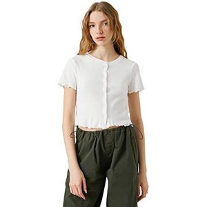 Koton Dames Crew Neck Short Sleeve Cotton Button Detail Crop T-Shirt, ecru (010), M