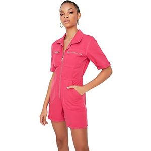 Trendyol Dames Beli Rubber Denim Shorts Overalls Jumpsuit, Fuchsia, L