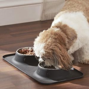 Penguin Home® Set Van 4 Roestvrijstalen Voerbakken met Sleuf en Antislip Grijze Siliconenmat | Pet Safe Food Grade Waterdichte Mat |Mat-42 x 21 cm Kom-200 ml