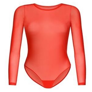 Teyli Bodysuit voor dames, elegant, mesh top, body met lange mouwen voor dames, bodysuit met lange mouwen, rood, XL