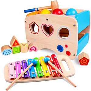 Rolimate Xylophone en hamerspel, speelgoed vanaf 1 jaar, 3-in-1, Montessori, educatief voorschoolse leren, muziekspeelgoed, houten speelgoed, optrekspeelgoed, verjaardagscadeau voor kinderen en baby's