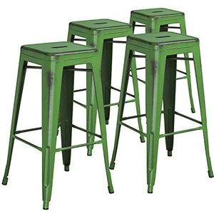 Flash Furniture Kai Commerciële Grade 4 Pack 30 ""Hoge Rugloze Verontruste Groene Metalen Binnen-Outdoor Barkruk