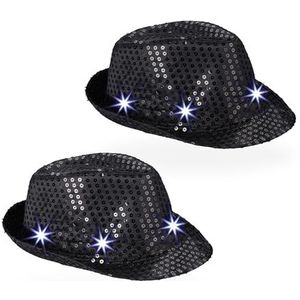 Relaxdays glitter hoed, set van 2, met 6 leds, 3 lichtstanden, pailletten, dames, heren, carnaval, cowboyfeest, zwart