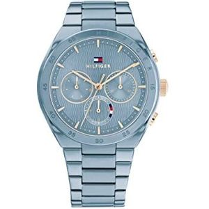 Tommy Hilfiger Analoge Multifunctionele Quartz Horloge voor vrouwen met Roestvrij stalen armband, Blauw, CARRIE