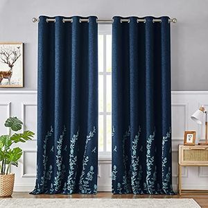 Melodieux Bloem borduurwerk linnen getextureerde gordijnen voor woonkamer, slaapkamer, verduisterende tule raamlaken, marineblauw/blauw, 1 bij 96 inch (1 paneel)