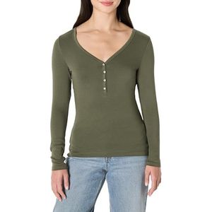 Amazon Essentials Dames geribbeld gebreid Henley Slim Fit T-shirt met lange mouwen, olijf, X-Large
