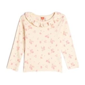 Koton Girls's Flower Printed Round Neck Ruffle Detail Katoen Geribbeld T-shirt, beige design (0d5), 4-5 Jaar