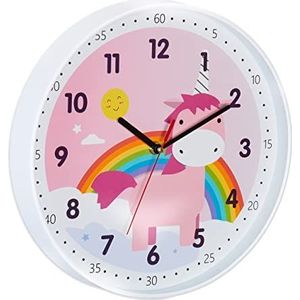 Relaxdays unicorn klok, Ø 30 cm, wandklok eenhoorn, met cijfers, kinderklok regenboog, kunststof, meisjes, kleurrijk
