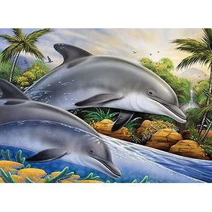 Schilderen op nummer - Junior ""Dolfijnen"", doe-het-zelf schilderij ca. 40 x 32,5 cm groot, incl. 7 acrylkleuren, penselen en bedrukt schilderkarton, voor beginners en kinderen vanaf 8 jaar.