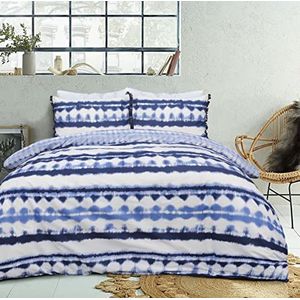 Sleepdown Tie Dye Geo Blauw-wit, omkeerbaar dekbedovertrek, quilt, kwastjes, kussenslopen, beddengoedset, zacht, onderhoudsvriendelijk, tweepersoons (200 cm x 200 cm)