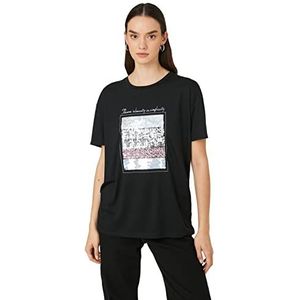Koton T-shirt voor dames, ronde hals, korte mouwen, met pailletten, letterprint, zwart (999), XXL