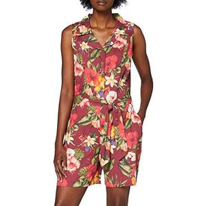 Queen Kerosin Vintage jumpsuit voor dames, tropische all-over print, overall, bindriem en steekzakken, bordeaux, S