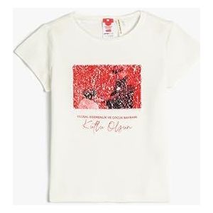 Koton Meisjes's Korte Mouw Crew Neck Reversible Sequined Cotton T-Shirt, ecru (010), 7-8 Jaar