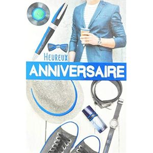 Afie 65-1248 wenskaart voor verjaardag, heren, chique, casual, marineblauw, strik, parfum, klok, hoed, plateau, vinyl, gemaakt in Frankrijk