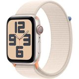 Apple Watch SE (2e generatie, 2023) (GPS + Cellular 44 mm) Smartwatch - Kast van sterrenlicht aluminium - Sterrenlicht geweven sportbandje. Conditie en slaap bijhouden, ongelukdetectie, CO₂-neutraal