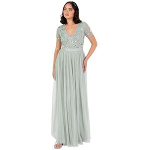 Maya Deluxe Maxi-jurk voor dames, bloemenpatroon, pailletten, V-hals, korte mouwen, tule, sjerp, riem, rijk, A-lijn, bruidsmeisje, groen lelie 50, Groene lelie, 48