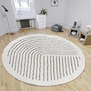 Hanse Home Dion Hoogpolig tapijt, rond woonkamertapijt, hoogpolig, strepenpatroon, wollig, zacht, voor woonkamer, slaapkamer, tienerkamer, crèmezwart, 160 cm