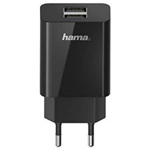 Hama USB-oplader meervoudig (2-voudige oplader USB-A 5V/10,5W, USB-oplader plat voor reizen wereldwijd, dubbele oplaadadapter met stekker voor stopcontact, 2-voudige USB-voeding voor mobiele telefoons