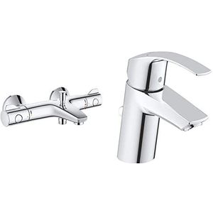 GROHE Grohtherm 800 Thermostatische badmengkraan, 34567000 & GROHE 33265002 Eurosmart badkraan - eenhands wastafelkraan, met eengatmontage & keramische cartouche S-maat chroom,Hard Graphite geborsteld