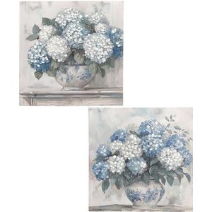 DRW Canvasafbeelding, vaas met bloemen, handbeschilderd, in wit, blauw en groen, 60 x 3 x 60 cm