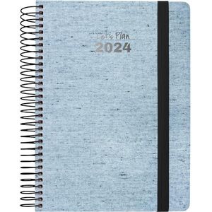 Grafoplás | Dagplanner 2024 | blauwe eco-jeans | 15 x 21 cm | Spaans | met spiraalbinding | hardcover met gerecycled denim | elastische sluiting | perfect voor de planning van je jaar